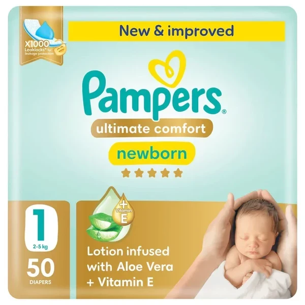 Pampers Premium Care Ultimate Comfort Taped Diapers, Aloe Vera & Vitamin E, 1000 Leak Locks, 50 Pieces