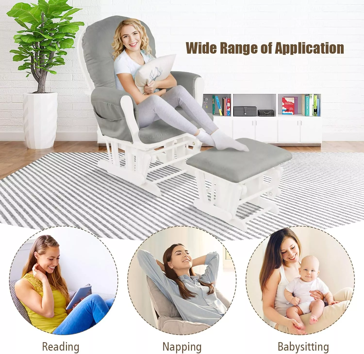 Nursing Rocking Chair with Ottoman, Glider Rocker With Padded Cushion, Solid Wood Base and Storage