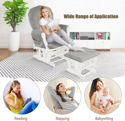 Nursing Rocking Chair with Ottoman, Glider Rocker With Padded Cushion, Solid Wood Base and Storage