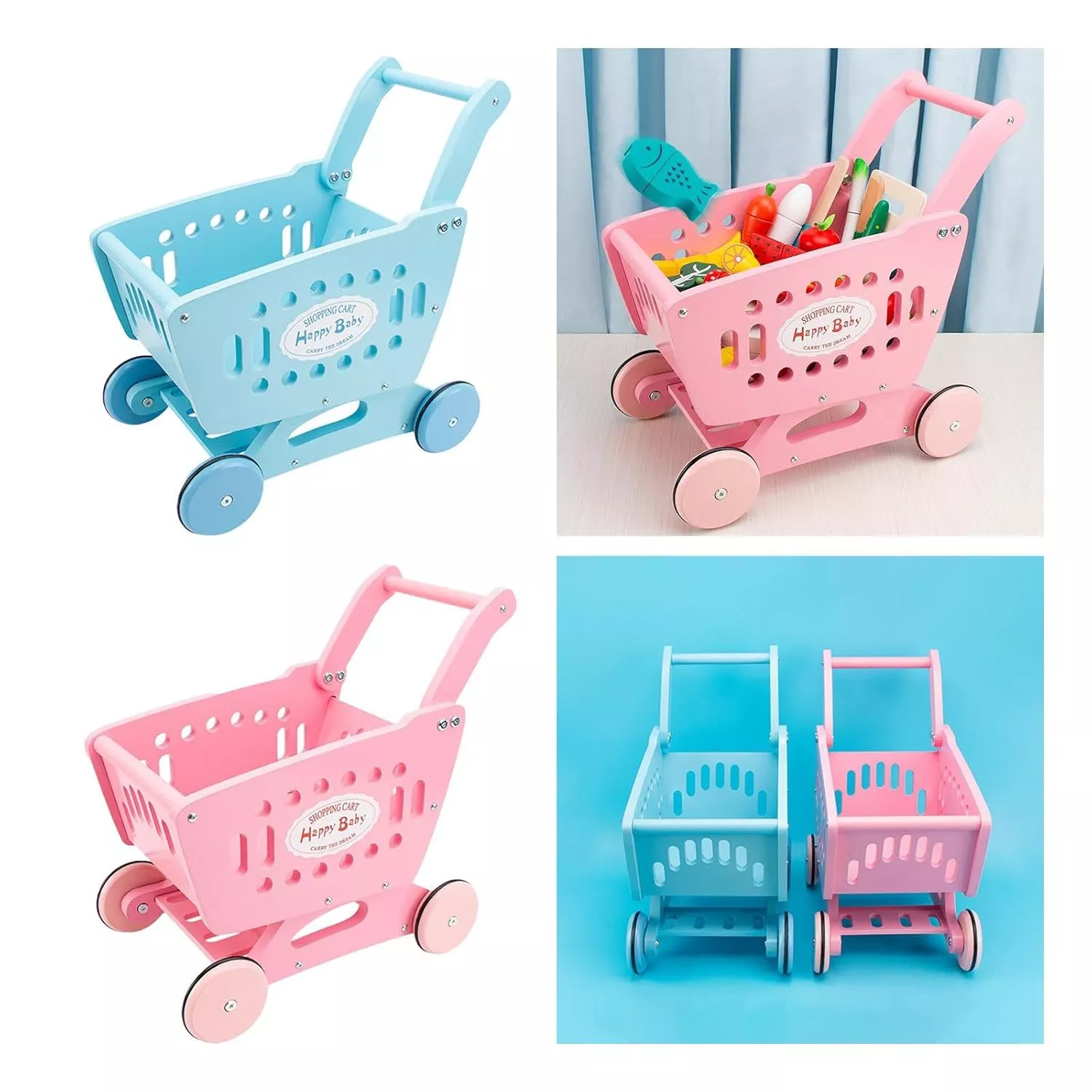 Wooden Kids Shopping Cart Trolley, Pretend Play Grocery Walker Toy for Toddlers