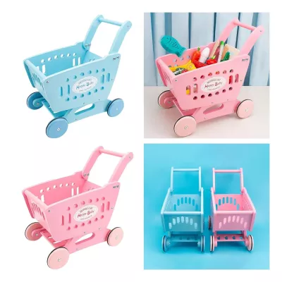 Wooden Kids Shopping Cart Trolley, Pretend Play Grocery Walker Toy for Toddlers