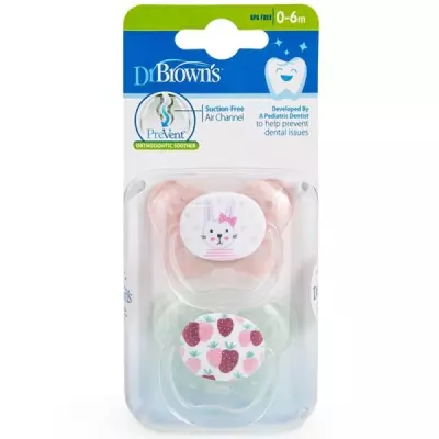 Dr Brown's Orthodontic Prevent Silicone Soother, Butterfly & Bunny Print | 0-6m | Pink and Blue | 2 Pack
