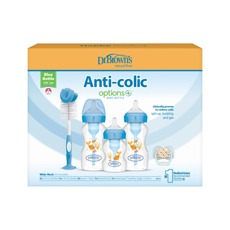 Dr Brown's Anti-Colic Options+ Baby Bottle Gift Set with 3 Bottles, Breast-like teats, Soother & Bottle/Teat Brush