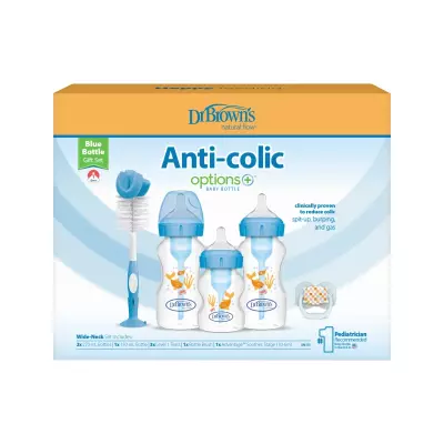 Dr Brown's Anti-Colic Options+ Baby Bottle Gift Set with 3 Bottles, Breast-like teats, Soother & Bottle/Teat Brush