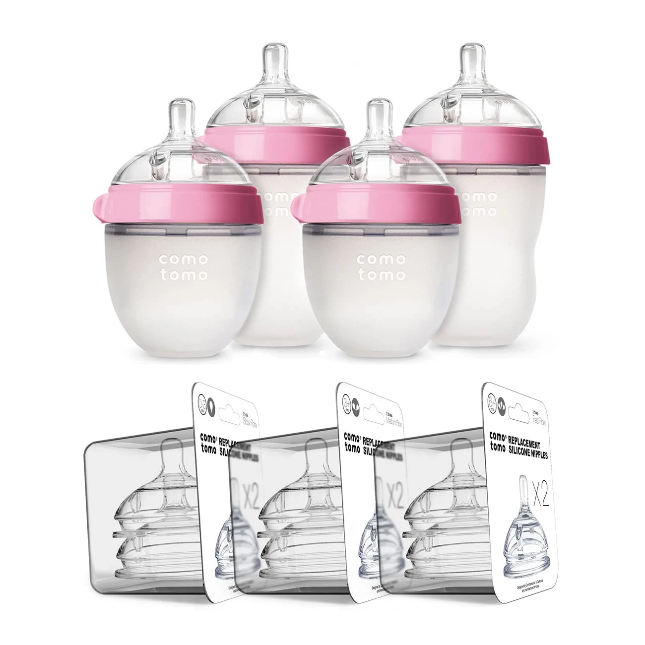 Comotomo Baby Bottle Bundle With 2x150ml Bottles, 2x250ml Bottles, and 3 Pairs of Teats-0-3m, 3m+, 6m+