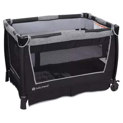 4-in-1 Convertible Twins Baby Playpen with Bassinet, Changing Table & Traveling Tote Bag, Portable Playard with Canopy, Wheel & Storage Organizer