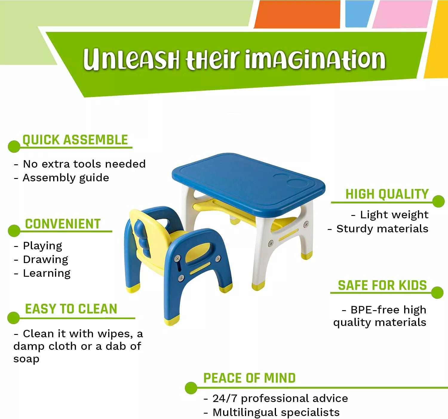 Kids Table and Chairs Set, Toddler Activity Table for Eating, Drawing, Painting & Learning | Easy to Assemble | Age 2-6y