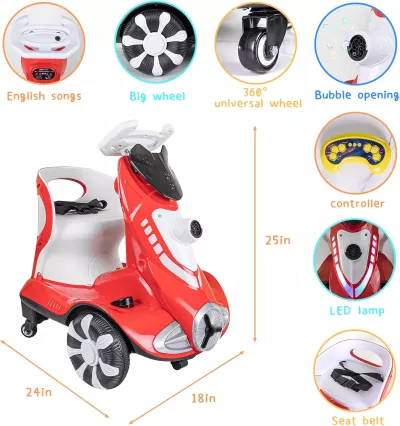 Ride-On Car for Kids with Bubble Maker – Dual Drive Electric Vehicle for Toddlers, Music, LED Lights, 360° Wheels, Safe Belt, Ages 3–5