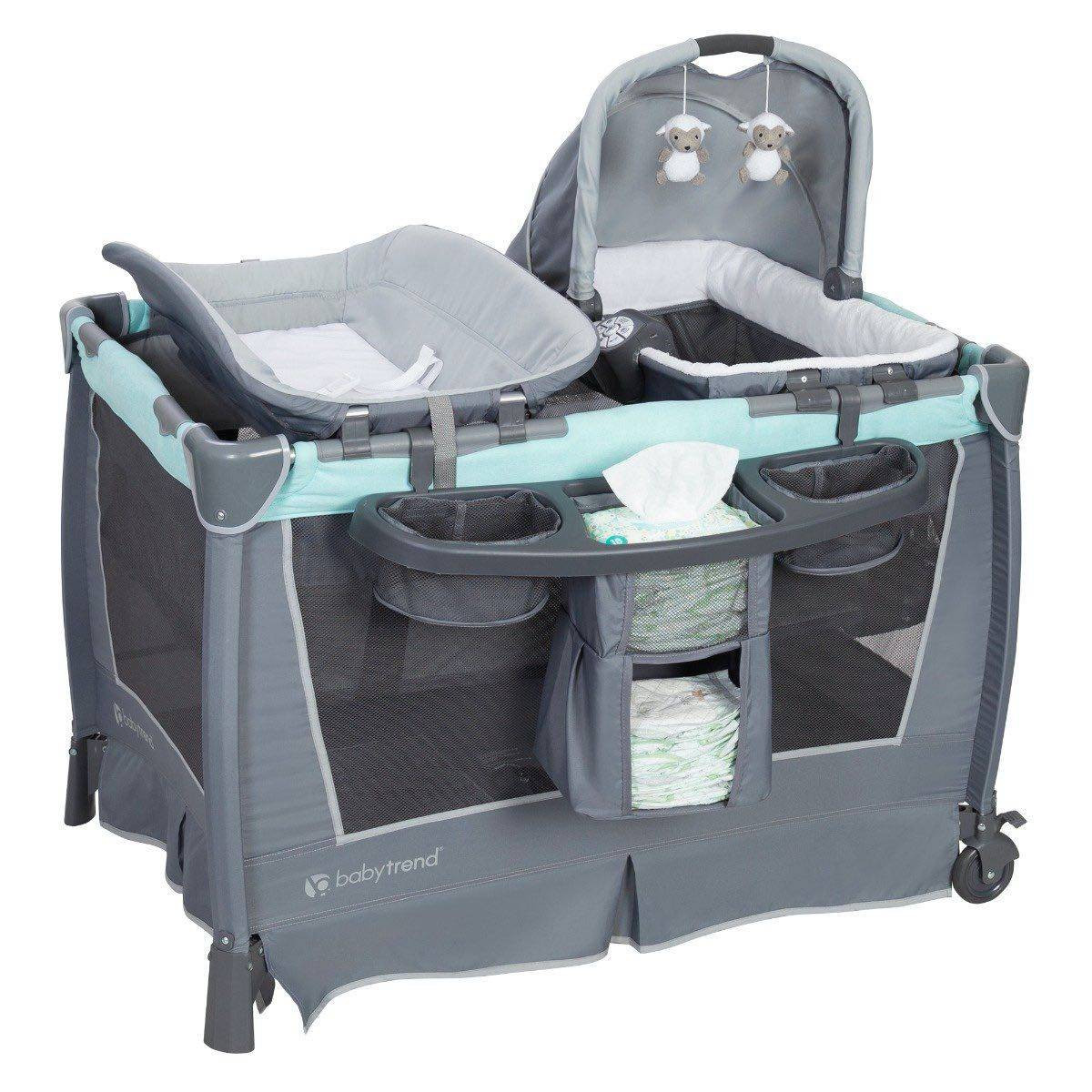4-in-1 Convertible Baby Playpen with Bassinet, Changing Table & Traveling Tote Bag, Portable Playard with Canopy, Wheel & Storage Organizer