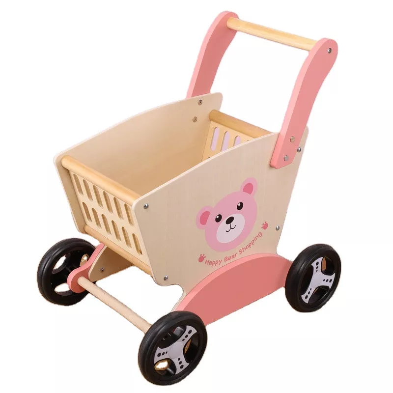 Wooden Kids Shopping Cart Trolley, Pretend Play Grocery Walker Toy for Toddlers