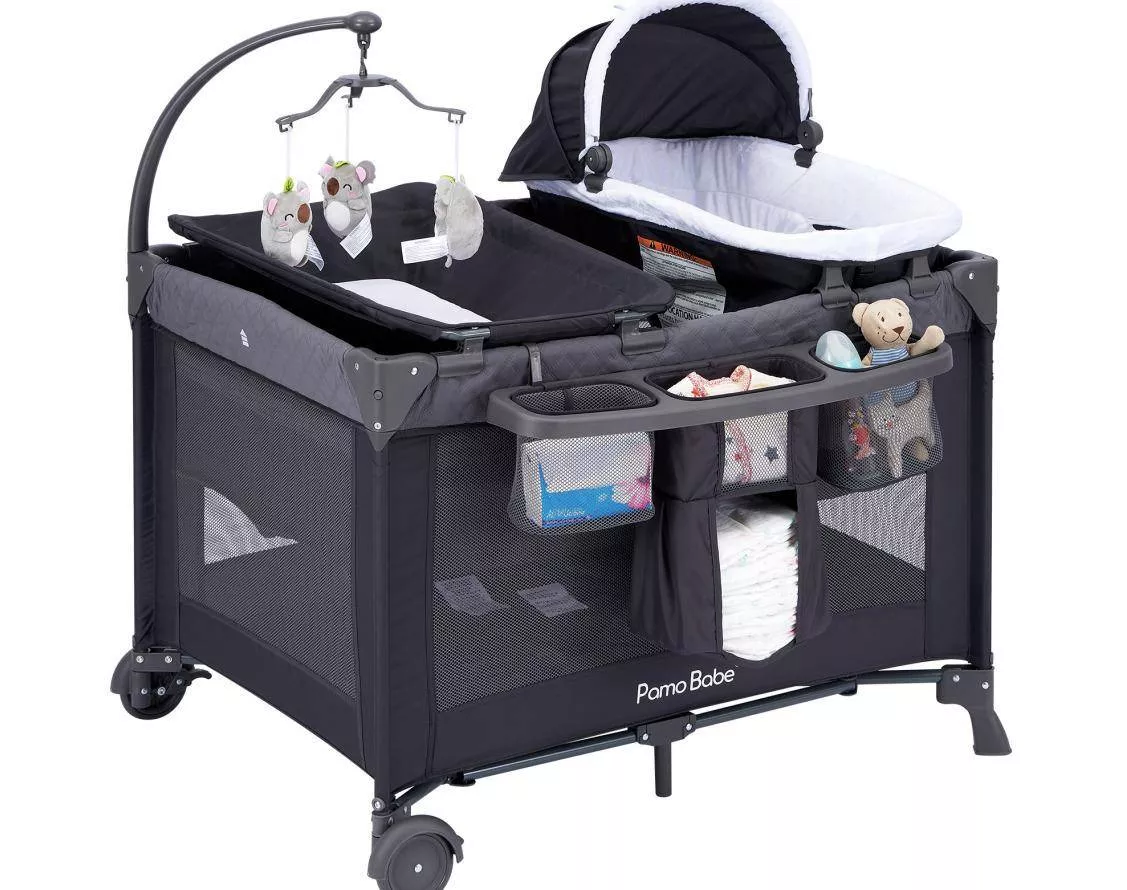 4-in-1 Convertible Baby Playpen with Bassinet, Napper, Changing Table & Travel Bag, Portable Playard with Canopy, Wheels & Storage