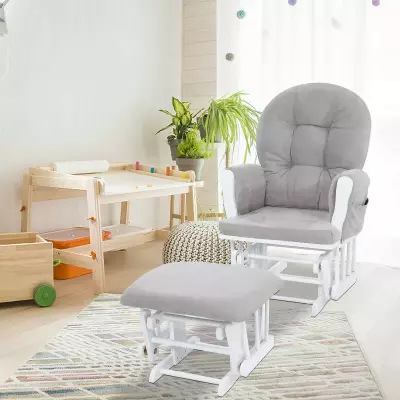 Nursing Rocking Chair with Ottoman, Glider Rocker With Padded Cushion, Solid Wood Base and Storage