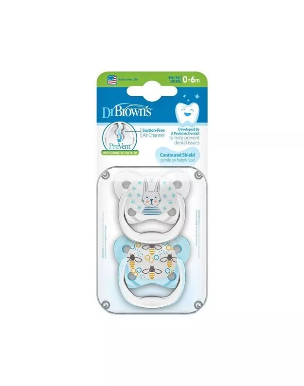 Dr Brown's Orthodontic Prevent Silicone Soother, Butterfly & Bunny Print | 0-6m | Pink and Blue | 2 Pack