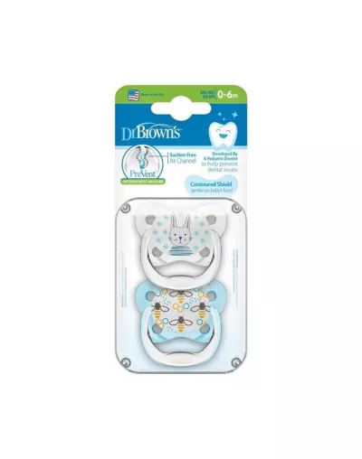 Dr Brown's Orthodontic Prevent Silicone Soother, Butterfly & Bunny Print | 0-6m | Pink and Blue | 2 Pack