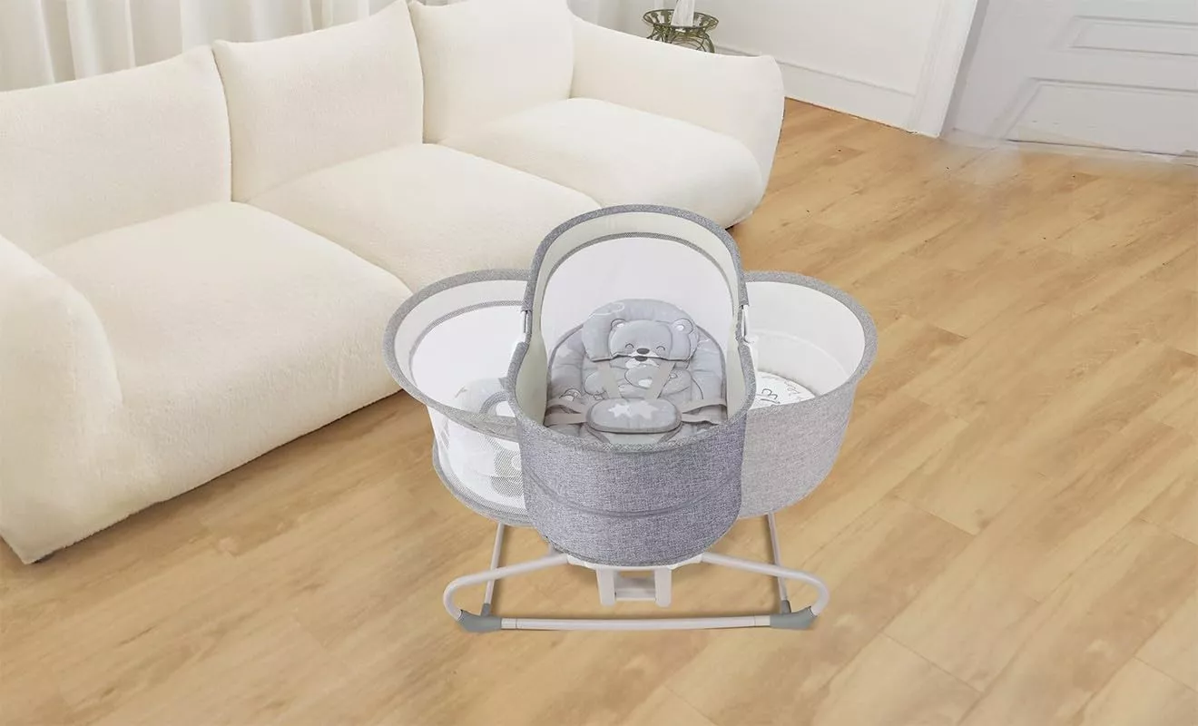 Mastela 4-in-1 Baby Cradle Automatic Electric Swing with 5-Point Harness, 360° Rotation, Soft Headrest & Removable Mosquito Net for Babies 0 to 18kg